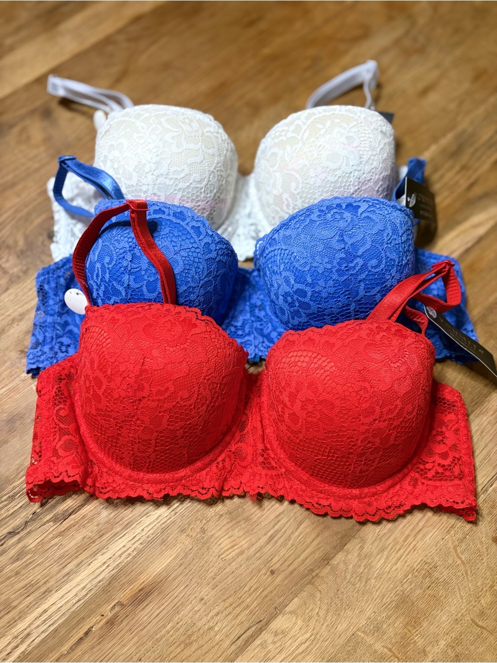 Youmita Lace Ultra Push-Up Bra Trio - Red, White, and Blue